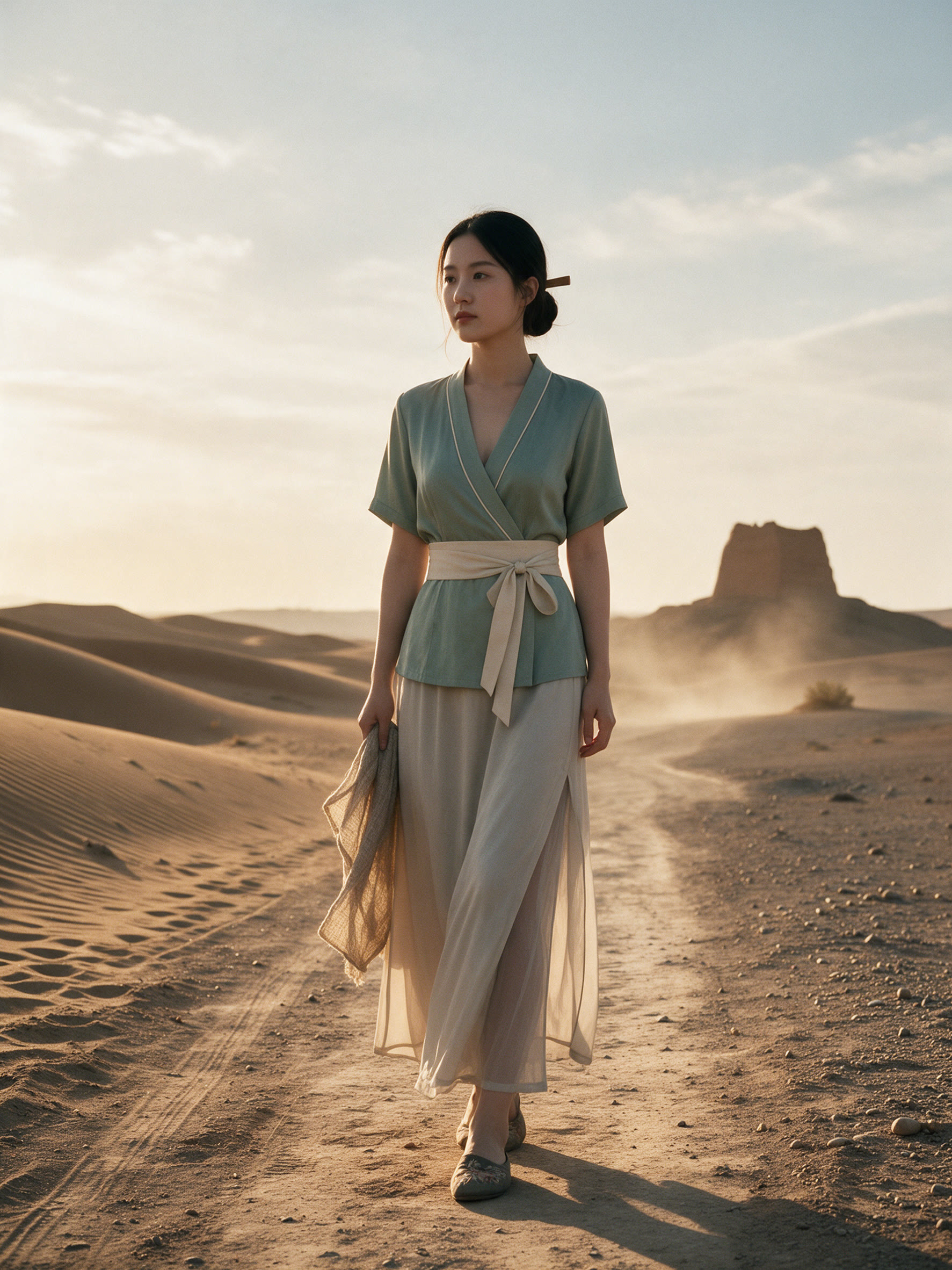 A traveller on the Silk Road track at golden hour