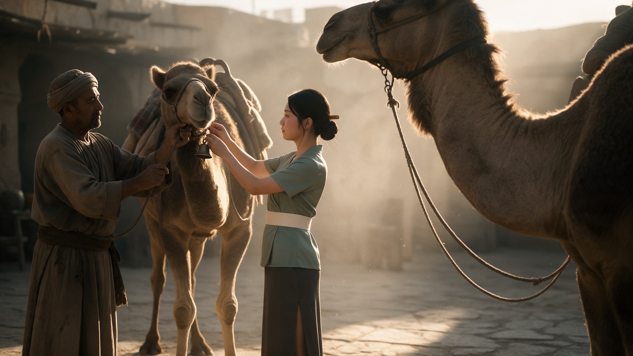 A camel caravan being loaded in an oasis yard before sunrise