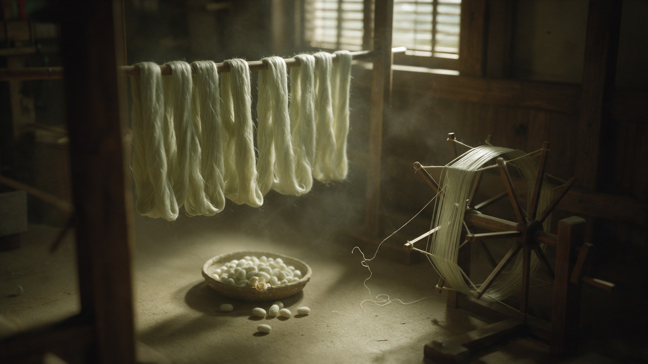 Hanks of freshly reeled silk hanging to dry beside a reeling wheel and a basket of silkworm cocoons